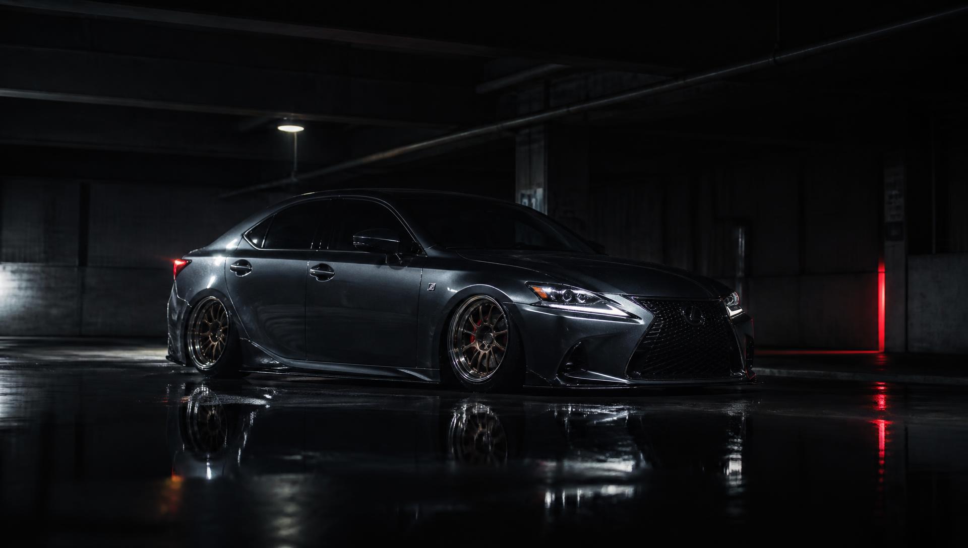 Slammed sedan sitting low on AIRBFT air suspension in a dark garage